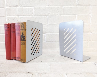 Vintage Metal Bookends Pair // Set of Two Gray Bookends, Minimalist Postmodern Geometric Slat Industrial Office Storage Set