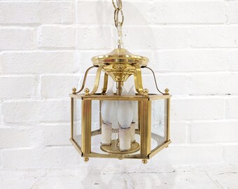 Vintage Hanging Brass Lantern Fixture // Starburst Glass Shade, Three Candle Style, Entryway Hallway Kitchen, Etched Star Pattern Gold