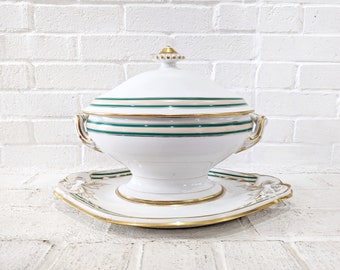 Antique CFH Tureen w/ Underplate // Charles Field Haviland Green Striped Gold Trim Lidded Serving Dish with Platter 1800's