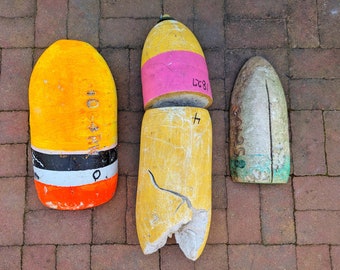 Distressed Buoy Lot // Damaged Maine Lobster Buoys, Salvaged Nautical Beach House Decor, Lobstering Fishing Parts Pieces Colorful Painted