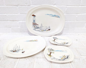 Midwinter Riviera Platters Set // Vintage Mid Century Modern Illustrated Serving Pieces French Cannes Scenes Hugh Casson Design Plates