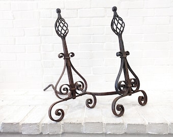 Iron Scroll Andirons Pair // 23" Antique Rustic Finial Log Holders Farmhouse Hearth Fireplace Hardware Arts and Crafts Wrought Iron Chippy