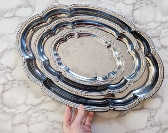 Vintage Nesting Trays Set // Interpur Hong Kong Scalloped Filigree Serving Trays Set Silver Chrome Decorative Oval Platters Plates