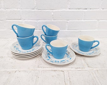 Blue Heaven Teacups and Saucers // Vintage Mid Century Modern Blue and White China Dishes Set of Six Teacups and Saucers Atomic Era