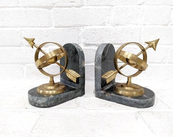 Vintage Armillary Sphere Bookends PAIR // Mid Century Marble and Brass Globe Bookends, Green Stone Bookends, Hollywood Regency Art Deco