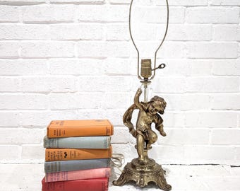 Vintage Cherub Table Lamp // Art Nouveau Fairy Table Lamp, Cast Brass Figural Tabletop Light, Hollywood Regency