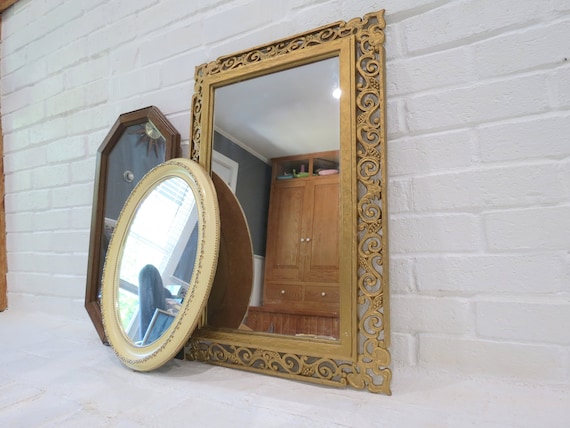 Vintage Molded Plastic Mirror // Ornate Gold Scroll Plastic Framed Wall  Hanging Mirror Victorian Hollywood Regency Vanity Bathroom Glam 
