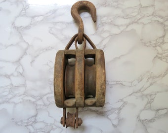 Farmhouse Antique Pulley Hook // Vintage Barn Salvage Hardware, Wooden Rope Pulley Block, Double Wheel Style with Hook, Industrial