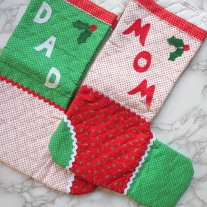 Parents' Stockings Pair // Vintage Mom and Dad Fabric Christmas Stocking Red Green White Kitsch Nostalgic Holiday Quilted Sewn 1970's 1980's image 2