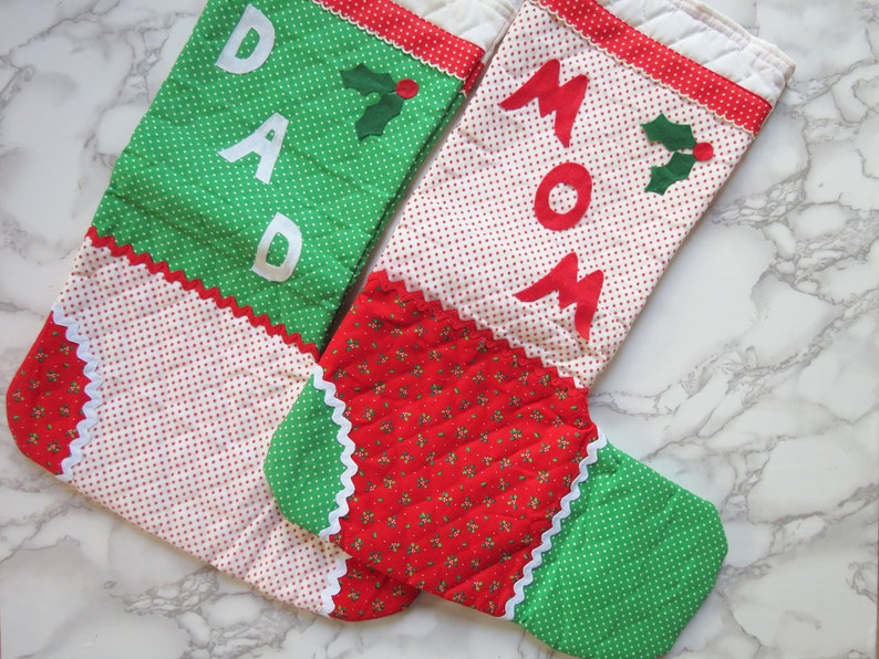 Parents' Stockings Pair // Vintage Mom and Dad Fabric Christmas Stocking Red Green White Kitsch Nostalgic Holiday Quilted Sewn 1970's 1980's image 2