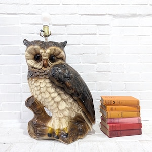 Oversize Owl Lamp // Mid Century Chalkware Plaster Owl Bird on Branch Lamp, Brown Owl Figurine Statue Lighting Sculpture