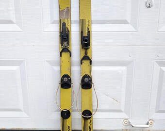Vintage Child's Skis Set // Wooden Winter Skis Monarch Yellow Painted Ski Wall Hangings Pair Camp Cabin Decor Small Children's 36"