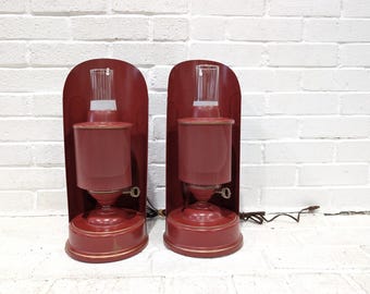 Vintage Red Lantern Lamps // Pair Retro Metal Mesh Hurricane Table Lamps, Wall Mount Sconce Lights or Tabletop Lighting