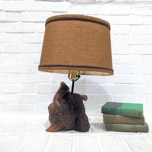 Vintage Wood Burl Lamp // Cypress Wood Sculpture Lamp, Mid Century Brutalist Table Lamp w/ Shade, 1960&#39;s 1970&#39;s Rustic Organic Design