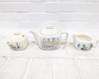 Midwinter Riviera Tea Serving Set // Vintage Mid Century Modern Illustrated Teapot Creamer Pitcher Sugar Bowl French Cannes Hugh Casson