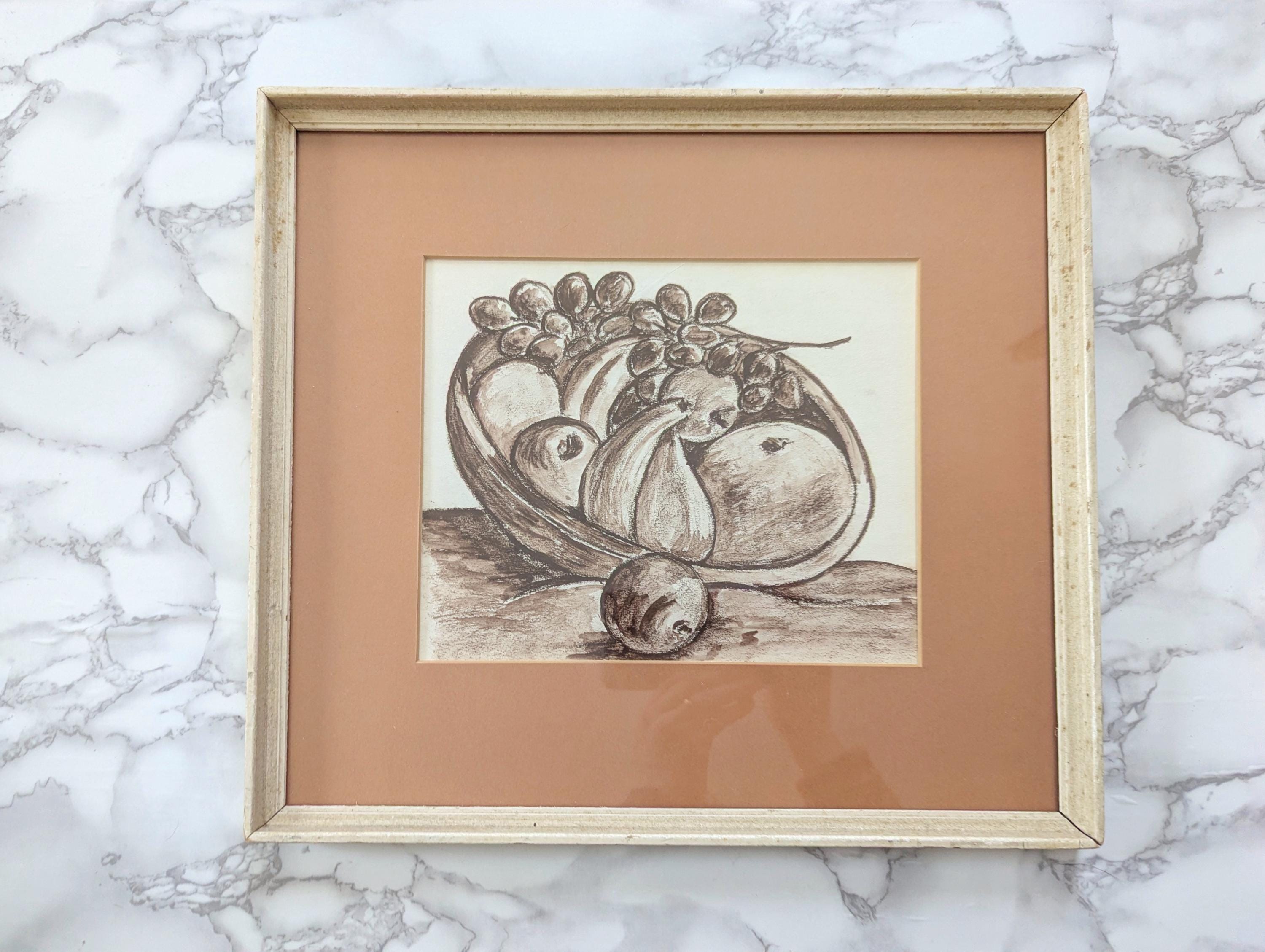 Vintage Still Life Drawing// Framed Fruit Bowl Sepia Pastel Chalk Pencil, Earth Tones Brown White Matted Wooden Frame Farmhouse Cottage