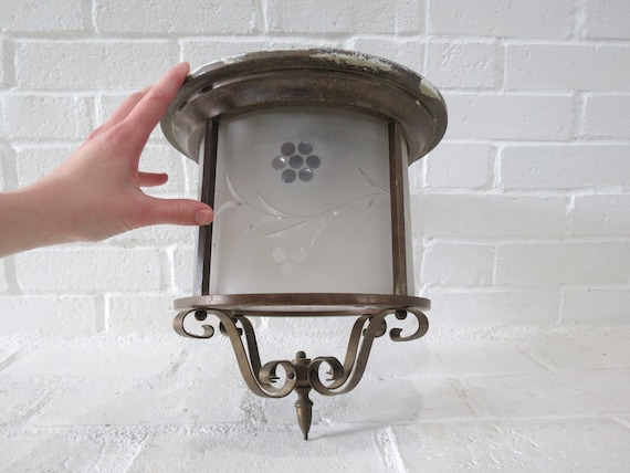 Antique Lightolier Light Fixture // ONE Ceiling-Mount Frosted Glass Metal Hall Entryway Light, Art Deco After Sunset NO WIRING Flushmount