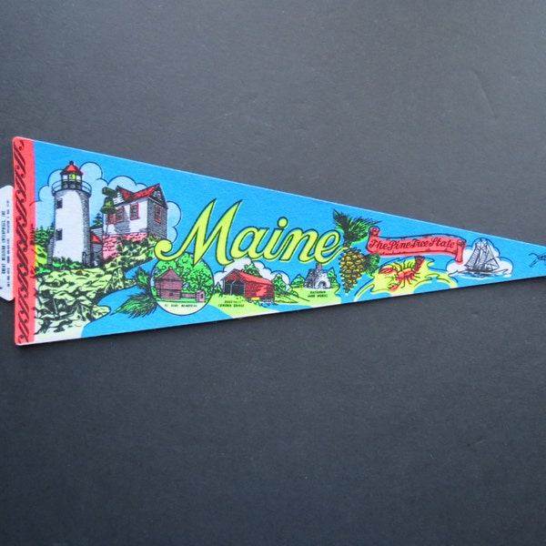 Vintage Maine Small Pennant // Maine Felt Travel Souvenir Banner New Unused Stock Lighthouse Ft. Kent Katahdin Lobster 15 Inch Length