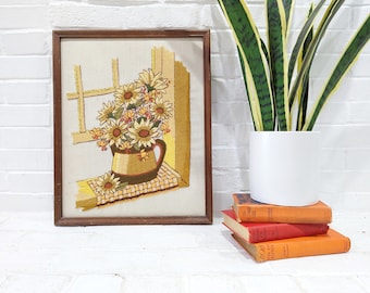 Rustic Crewel Embroidery // Vintage Framed Completed Floral Crewel Still Life Bouquet Vase Yellow Brown Window Scene Boho Bohemian Art
