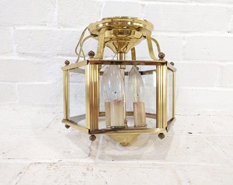 Vintage Brass Lantern Fixture // Starburst Glass Windows, Three Candle Style, Entryway Hallway Kitchen, Etched Star Pattern Gold Semiflush