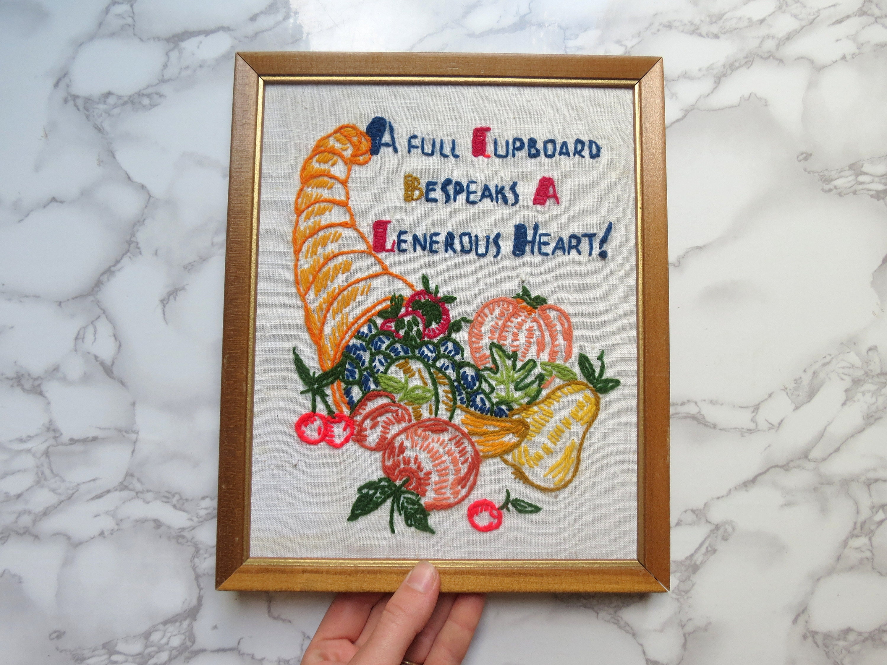 Vintage Kitchen Crewel Embroidery // Harvest Cornucopia Still Life, Rustic Cottage Farmhouse Embroidery, Fruit Vegetables Kitschy Art Framed
