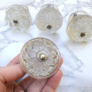 Antique Glass Drawer Knobs // Set of 4 Clear Pressed Glass Cabinet Pulls, Vintage Hardware Oversize Ornate Handles Victorian Farmhouse