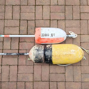 Vintage Buoys Pair // Maine Lobster Buoys, Nautical Beach House Decor, Lobstering Fishing Buoys, Retired Salvaged Colorful Painted Spindles