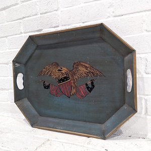 Vintage Eagle Tray // Large Tole Painted Patriotic Rectangular Serving Tray Kitchenware Barware Nashco Denim Blue Colonial Style Drink Tray