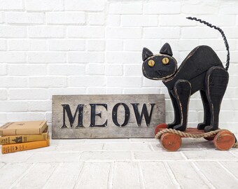 Rustic "MEOW" Sign // Vintage Barn Wood Handmade 24" Sign w/ Vintage Lettering, Halloween Black Cat Decor Distressed Antiqued