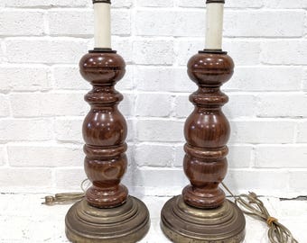 Vintage Turned Wood Lamps // Pair Wood and Metal Table Lamps, Rustic Farmhouse Bedside Lights, Traditional Vintage Lighting