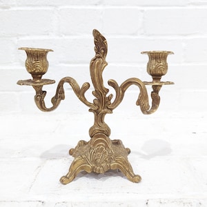 Ornate Brass Candelabra // Antique Brass Taper Candle Holder Centerpiece Decorative Candlestick Wedding Decor Dining Mantle  2 Arm Farmhouse