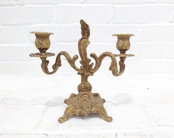 Ornate Brass Candelabra // Antique Brass Taper Candle Holder Centerpiece Decorative Candlestick Wedding Decor Dining Mantle  2 Arm Farmhouse