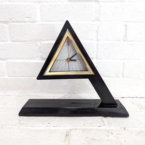 Vintage Post Modern Clock // Black Plastic Floating Mantel Clock, Triangle Geometric Design &quot;Float&quot; Toyo Algar Japanese Memphis
