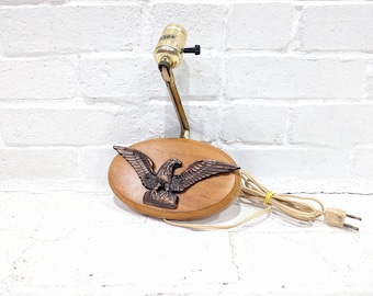 Vintage Eagle Sconce Light // Wooden Wall Lamp Rustic Farmhouse Lighting, Reading Lamp 1960's 1970's Brass Style Eagle Plaque