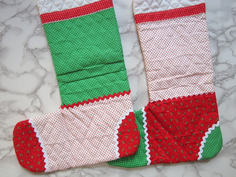 Parents' Stockings Pair // Vintage Mom and Dad Fabric Christmas Stocking Red Green White Kitsch Nostalgic Holiday Quilted Sewn 1970's 1980's image 10