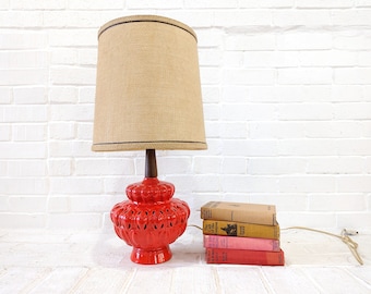 Mid Century Pottery Lamp // Vintage Red Glazed Pierced Pottery Table Lamp w/ Shade, Lighted Nightlight Base, 1960's 1970's Mod Kitschy