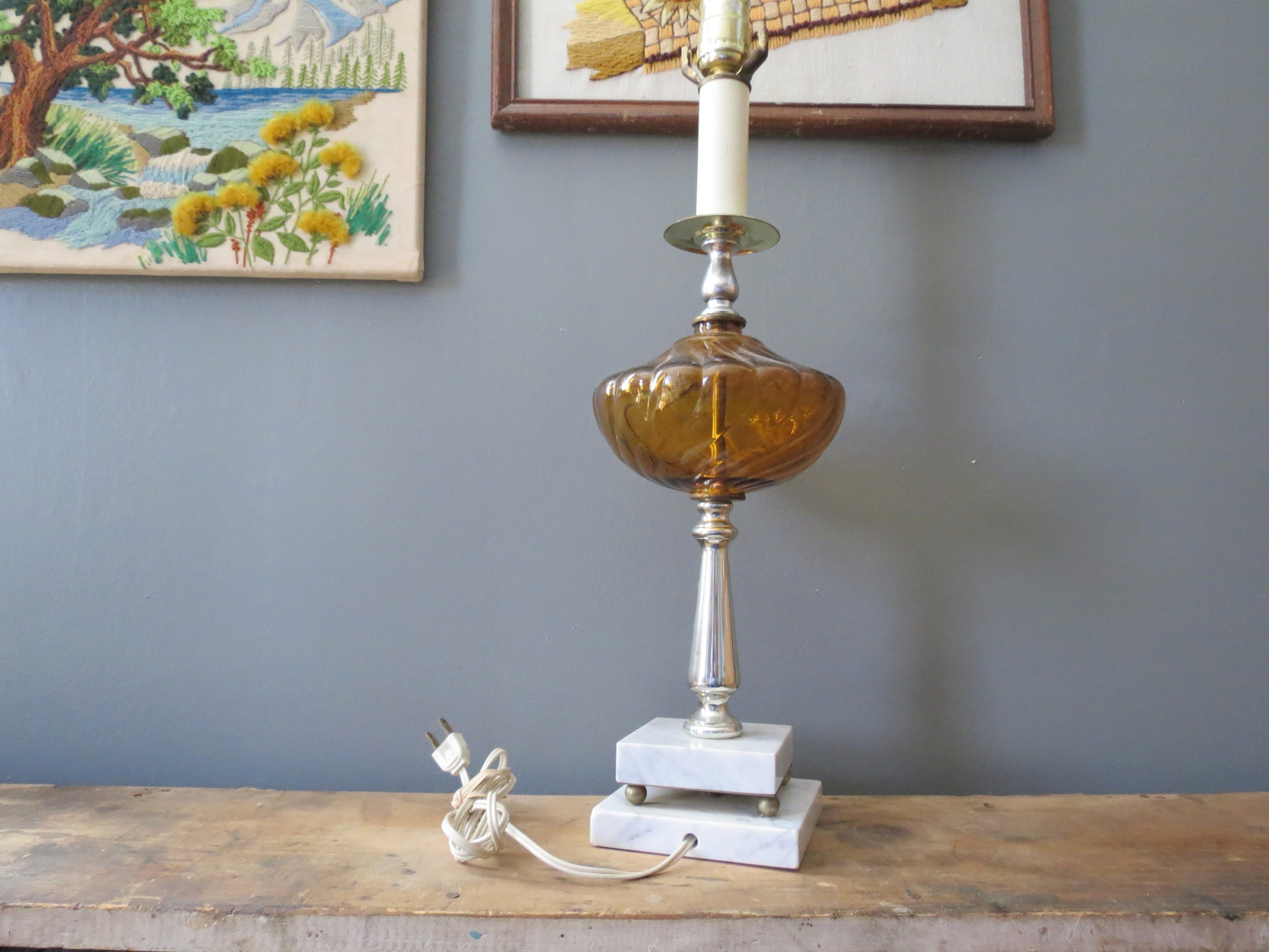 Vintage Amber Glass Table Lamp // Mid Century Golden Glass