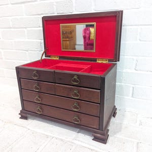 Vintage Wooden Jewelry Box // Three-Drawer Organizer Storage Unit, Antique Style Colonial Edwardian Jewelry Box, Mirrored, Fabric Lined