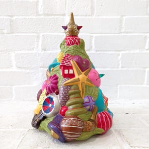 Vintage Kitschy Christmas Tree // 12&quot; Holland Mold Porcelain Ornament Tree, Holiday Statue Sculpture, 1970&#39;s 1980&#39;s Colorful Handpainted