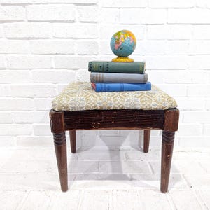 Antique Upholstered Stool // Distressed Small Vintage Footstool, Arts and Crafts, Blue Green White Upholstery Fabric Wooden Legs Rustic