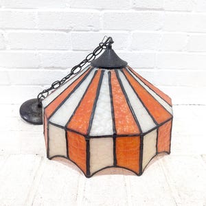 Vintage Swag Lamp // Large Faux Stained Glass Plastic Panel Pendant Lamp, Hanging Light Fixture, Orange White Striped Mid Century Lighting
