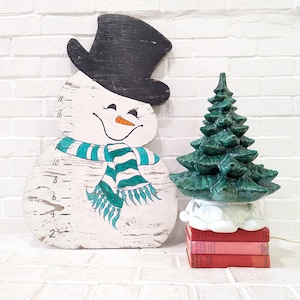 Vintage Wooden Snowman Cutout // Painted Plywood Yard Decoration, Kitschy Snow Measuring Sign, Handmade Frosty Snowman Porch Decoration