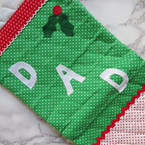 Parents' Stockings Pair // Vintage Mom and Dad Fabric Christmas Stocking Red Green White Kitsch Nostalgic Holiday Quilted Sewn 1970's 1980's image 4