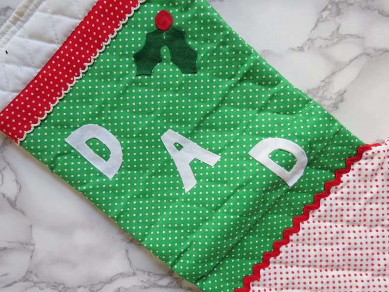 Parents' Stockings Pair // Vintage Mom and Dad Fabric Christmas Stocking Red Green White Kitsch Nostalgic Holiday Quilted Sewn 1970's 1980's image 4