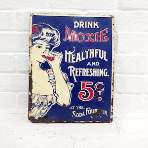 Vintage Moxie Sign // Maine Moxie Soda Advertising, Embossed Tin Wall Sign, Rusty Distressed Antique, New England Maine Decor Blue White