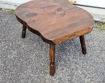 Live Edge Slab Table // Vintage Handmade Folk Art Abstract Stool Bench, Carved Wooden Leg Accent Table, Freeform Organic Stool Table