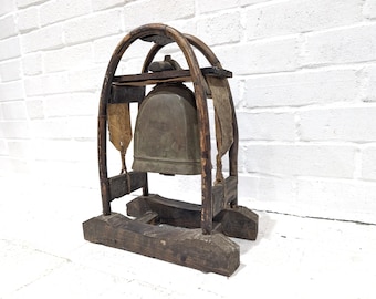 Antique Elephant Bell // Bronze Brass Bell in Wooden Frame, Thailand Style Rustic Tabletop Temple Chime Bohemian Bamboo Carved Wood
