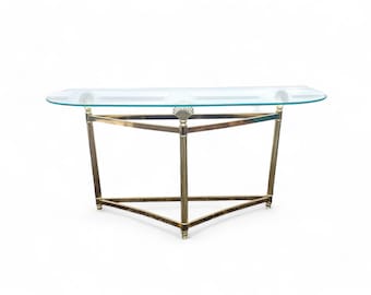 Vintage Shell Console Table // Art Deco Faux Brass and Glass Side Table, Mid Century Hollywood Regency Gold Metal Table Base Rounded Top 48"