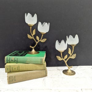 Glass Flower Candelabras // Vintage Pair of Tulip Candle Holders White Frosted Glass Flowers Mid Century Modern Gold Metal Brass Candlestick