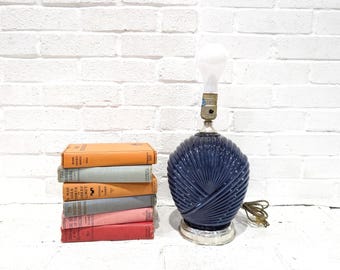 Art Deco Table Lamp // Vintage Glass Shell Lamp, Blue Clam Shell Design 1980's Glam Hollywood Regency Lighting 13" Modern